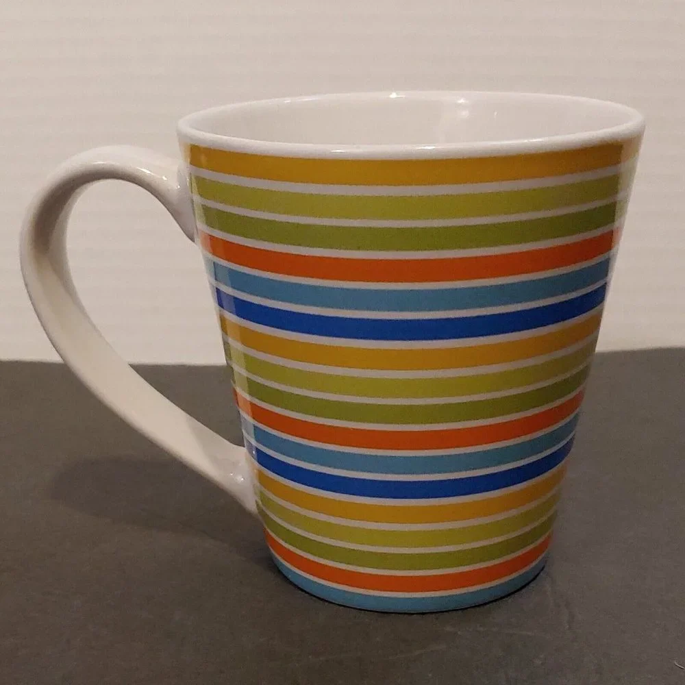 Crate & Barrel Coffee Mug Cup Orange Yellow Green Blue Stripes 12 Ounce VG Cond